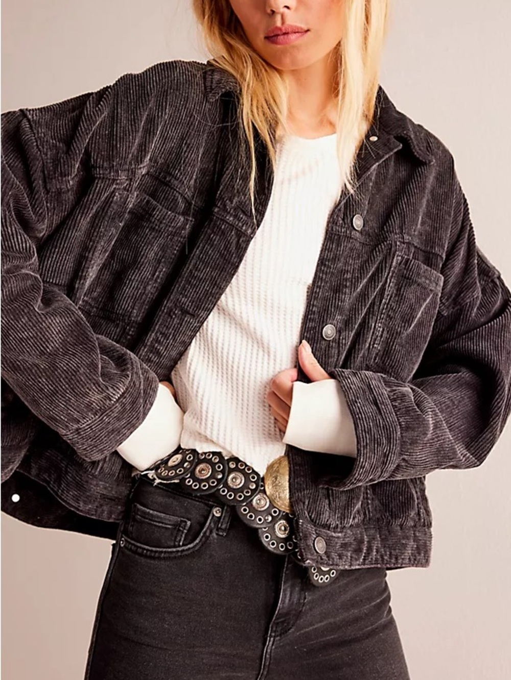 Women's Free People Charcoal Corduroy Button-Front Jacket With Rose Appliqué